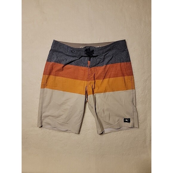 O'NEILL Board Shorts Mens 34 ColorBlock Gray Orange Red Cream Swim Trunks 10" - Picture 1 of 8